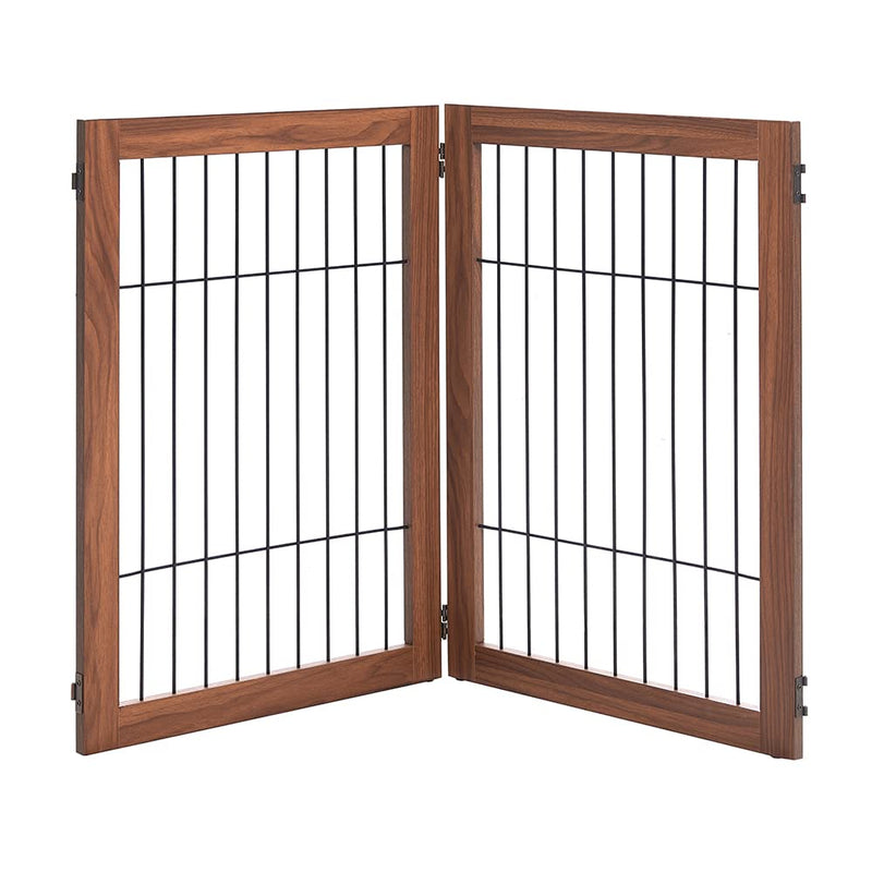 Two-panel walnut wood and black wire pet gate folded in V-shape on white background
