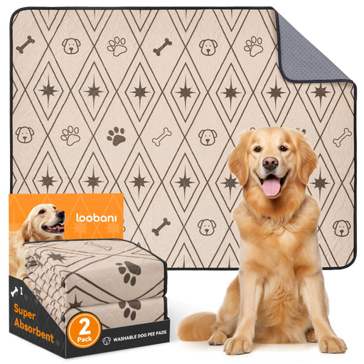 Loobani 2-pack washable dog pee pads in beige with paw print pattern beside golden retriever