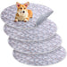 Orange corgi puppy sitting on stacked washable training pads with paw print pattern
