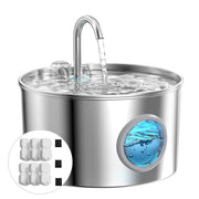Stainless steel water filter system with faucet running and replacement filters shown in circle