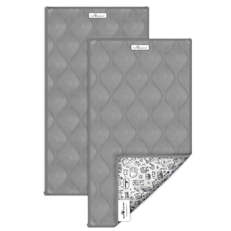 Two gray quilted guinea pig cage liners showing waterproof backing with pet-themed pattern
