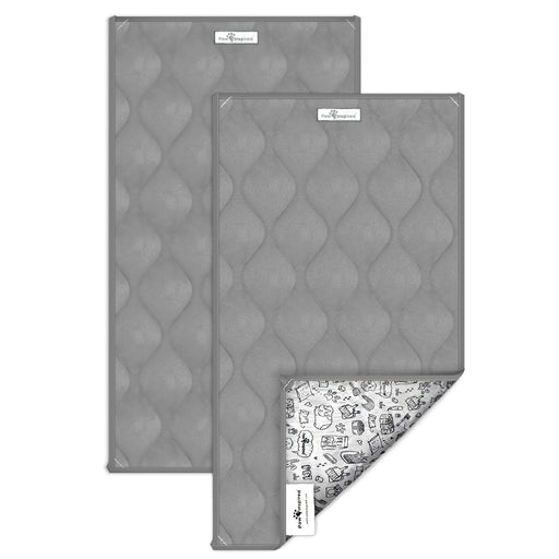 Two gray quilted guinea pig cage liners showing waterproof backing with pet-themed pattern