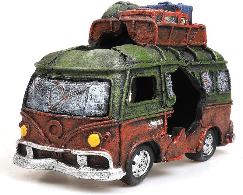 Weathered red and green VW bus aquarium decoration with luggage on roof and cave openings