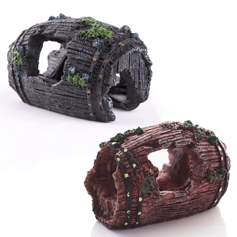 Two weathered wooden barrel aquarium decorations with moss details, shown in dark and reddish colors
