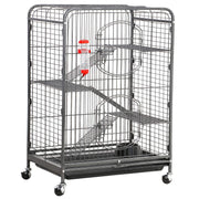 Gray metal multi-level pet cage with ramps, platforms, water bottle and wheels on white background