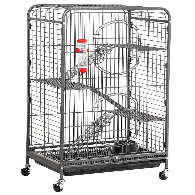 Gray metal multi-level pet cage with ramps, platforms, water bottle and wheels on white background