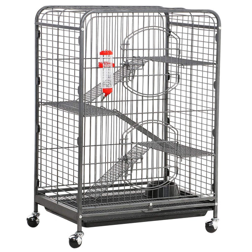 Gray metal multi-level pet cage with ramps, platforms, water bottle and wheels on white background