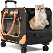Orange and black wheeled pet carrier with orange tabby cat sitting inside the open compartment