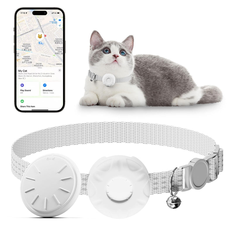 White AirTag-style pet tracker device with mesh collar band and small bell attachment