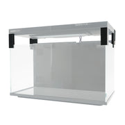 White aquarium tank with black mounting brackets attached to top frame for height extension