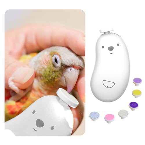 White bear-shaped bird nail grinder being used on green parrot with colorful LED indicators