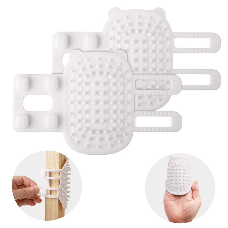 White silicone bear-shaped cat grooming brush with adjustable straps shown front and in use