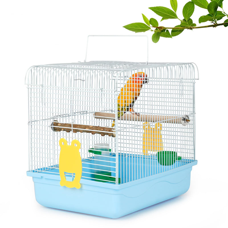 White bird carrier cage with blue base, orange parrot perched inside, green plant branch above