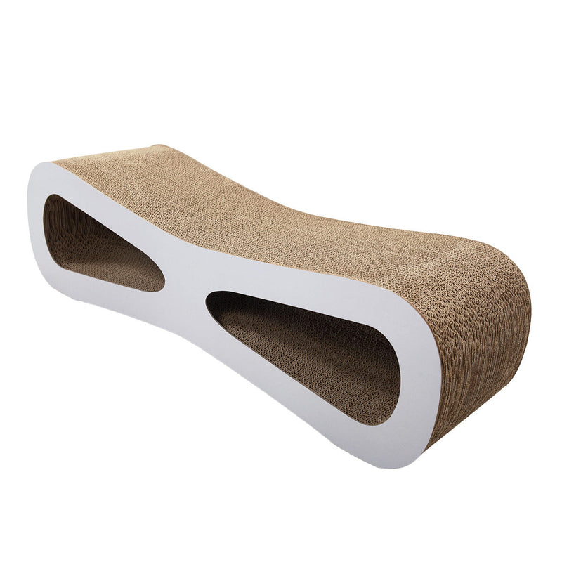 White and brown corrugated cardboard cat scratching board with curved infinity loop design