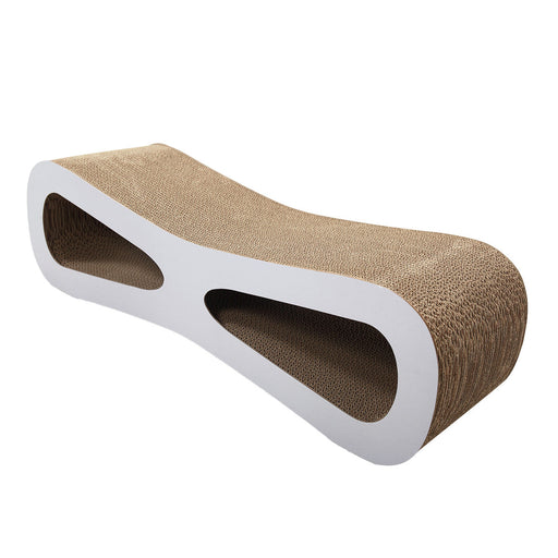 White and brown corrugated cardboard cat scratching board with curved infinity loop design