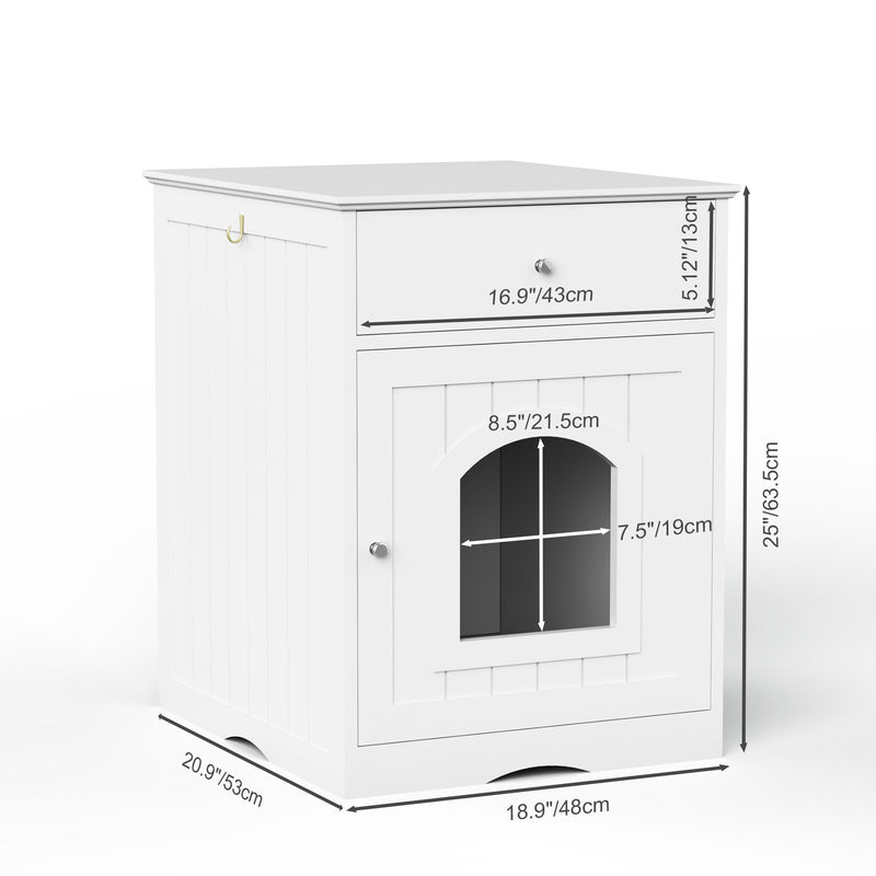 White wood cat litter box cabinet with drawer and arched door opening with dimensions