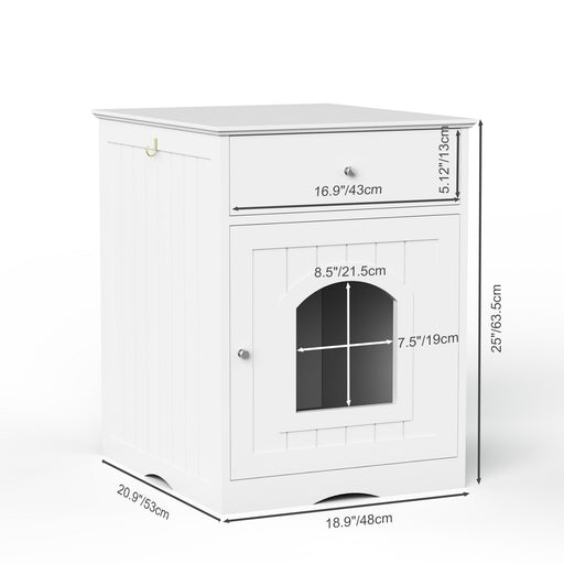 White wood cat litter box cabinet with drawer and arched door opening with dimensions