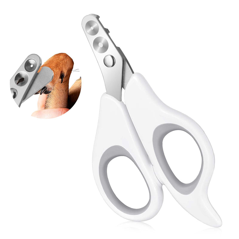 White cat nail clippers with stainless steel blades and demonstration of trimming orange cat paw