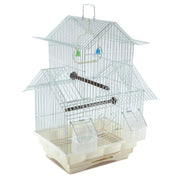 White compact bird cage with house-shaped top, perches, food dishes and wire construction
