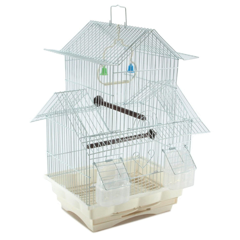 White compact bird cage with house-shaped top, perches, food dishes and wire construction