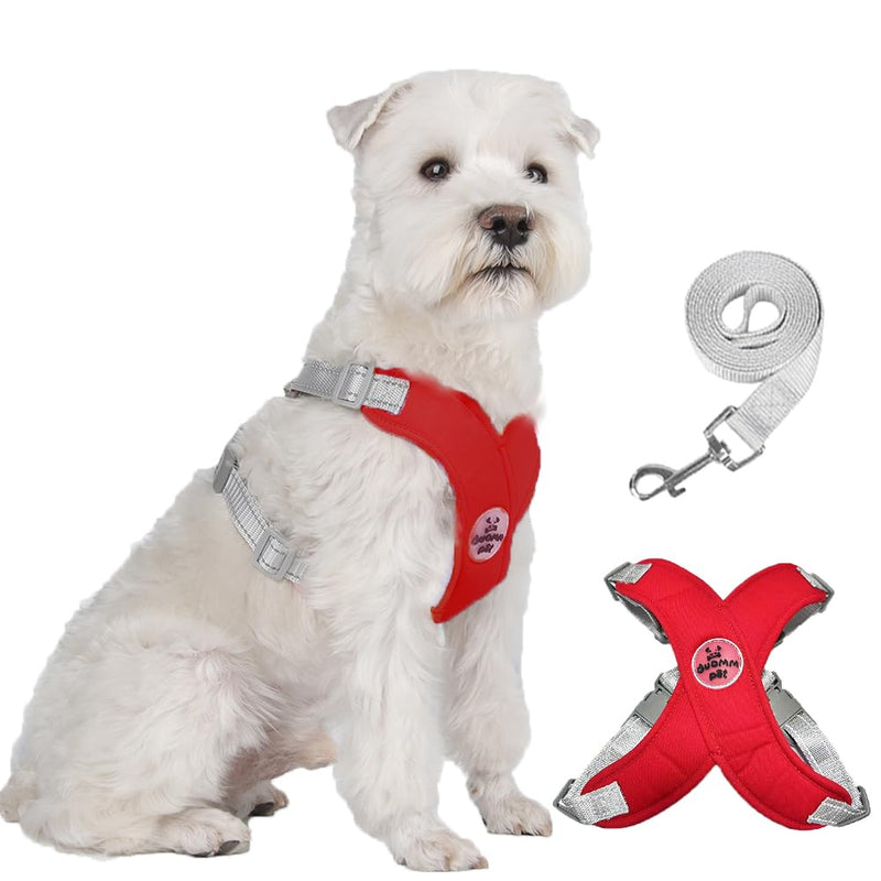 White terrier wearing red X-frame harness with matching leash and harness shown separately