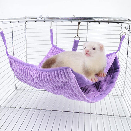 White ferret relaxing in purple corduroy hammock suspended inside wire cage