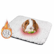 Guinea pig on white fleece cage liner with heating element visualization and leafy green