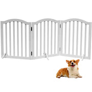 White 3-panel foldable wooden dog gate with arched top and corgi sitting beside it