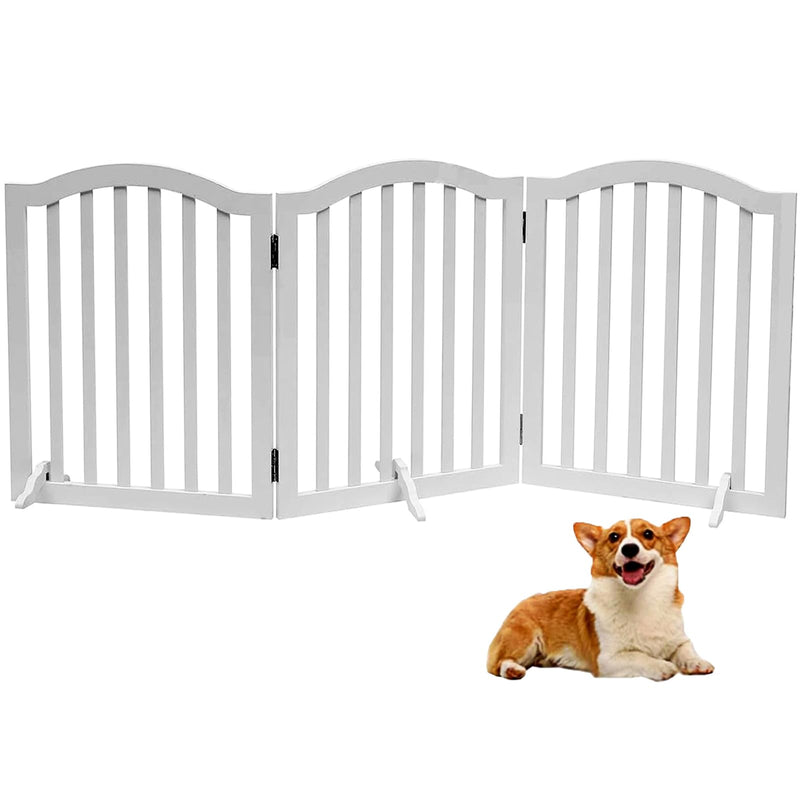 White 3-panel foldable wooden dog gate with arched top and corgi sitting beside it