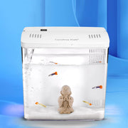 White compact aquarium with LED lighting containing colorful guppies and Buddha ornament decoration