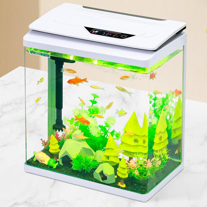 White 3 gallon LED fish tank with colorful fish, green plants, and built-in filter system