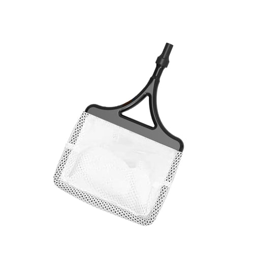 White mesh aquarium cleaning net with black plastic handle and frame on white background