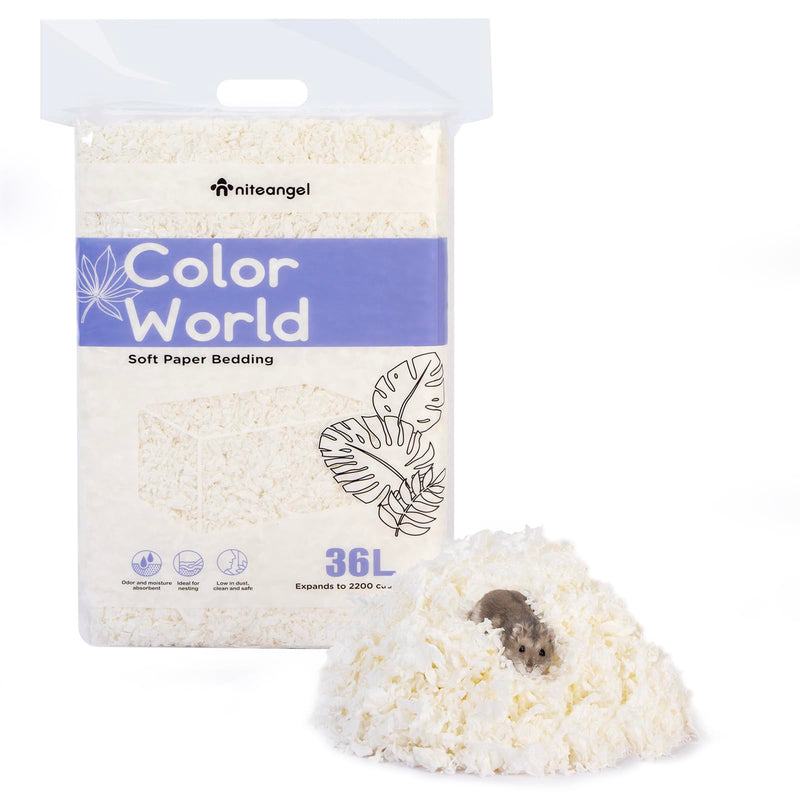 White paper pet bedding package with hamster on pile of expanded bedding material