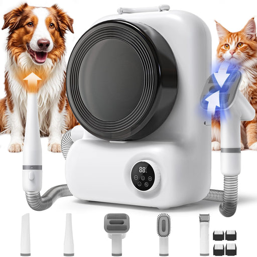 White pet grooming vacuum with digital display and multiple brush attachments for dogs and cats