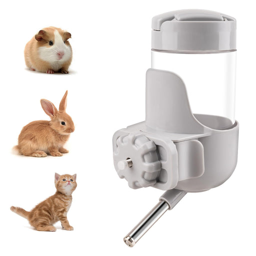 White plastic pet water bottle with leak-proof design shown with guinea pig, rabbit, and kitten