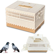 White folding pigeon cage with golden trim shown assembled and disassembled with two pigeons