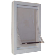 White plastic extra large pet door with clear flap and metal bar shown at angle