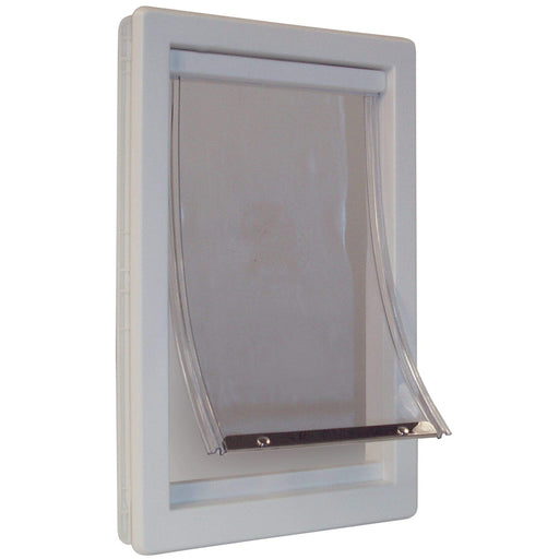 White plastic extra large pet door with clear flap and metal bar shown at angle
