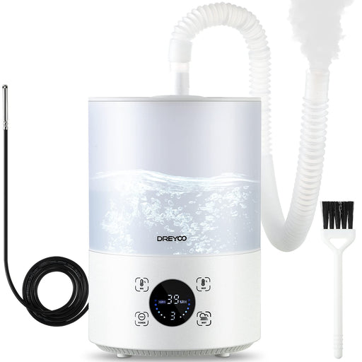 White reptile terrarium humidifier with digital display, clear water tank, and accessories