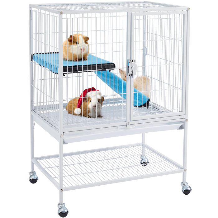 White multi-level guinea pig cage on wheels with three guinea pigs on blue platforms