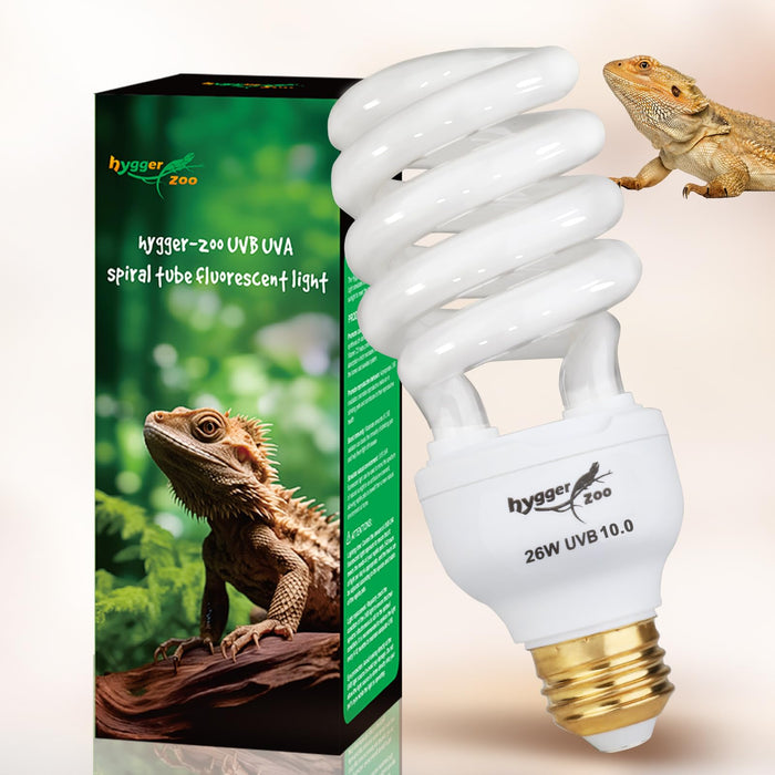White spiral UVB reptile light bulb with green packaging box featuring bearded dragon