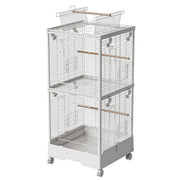 White multi-level stackable bird cage with wire construction, wooden perches, and wheels