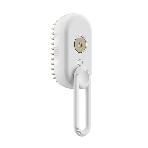 White pet grooming brush with steam nozzle, USB charging cord and bristled head on white background