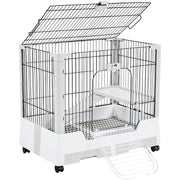 White two-story small animal cage with black wire bars, open top lid, and rolling wheels