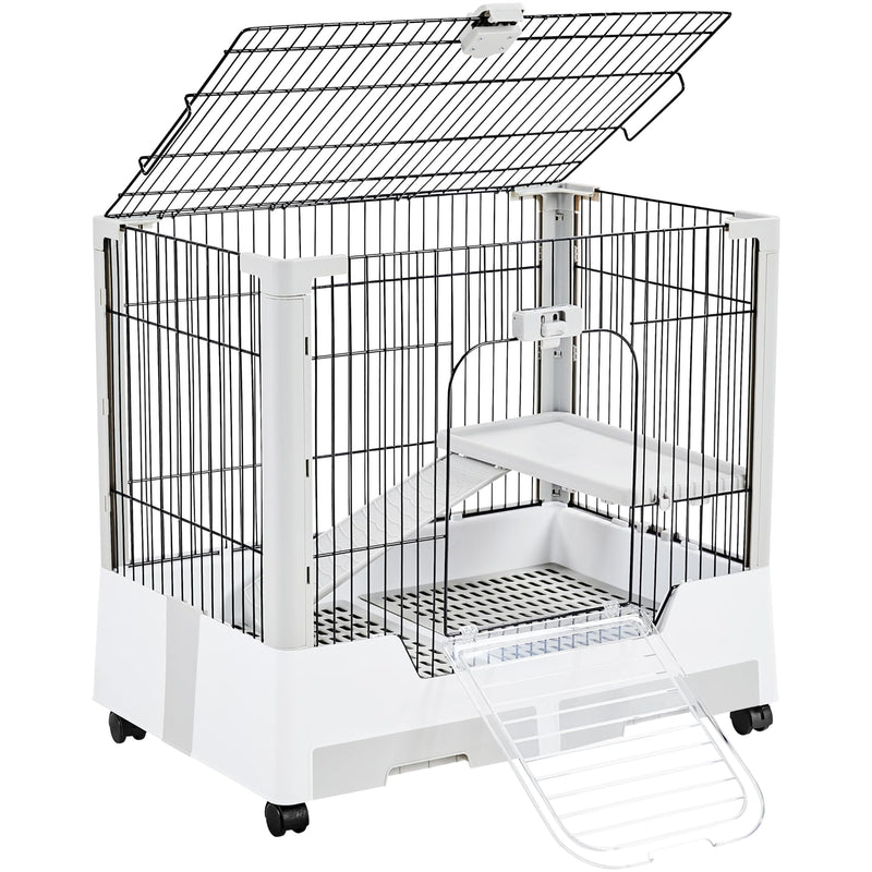 White two-story small animal cage with black wire bars, open top lid, and rolling wheels