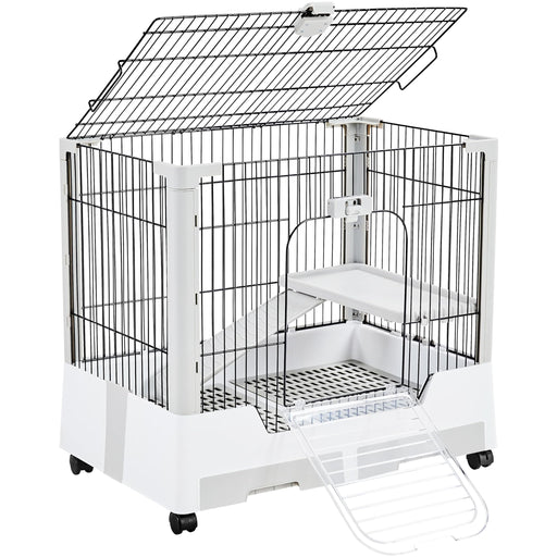 White two-story small animal cage with black wire bars, open top lid, and rolling wheels