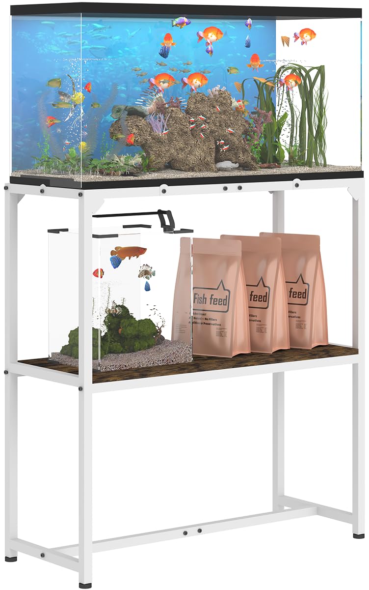 White two-tier aquarium stand with colorful fish tank on top and smaller tank with supplies below
