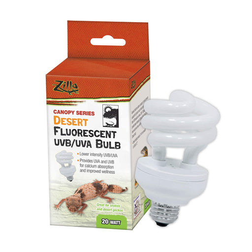 White compact fluorescent UVB bulb displayed next to its orange Zilla desert series packaging box