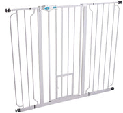 White extra wide metal pet gate with small cat door and blue latch mechanism