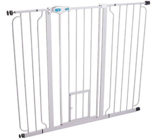 White extra wide metal pet gate with small cat door and blue latch mechanism